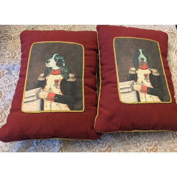 Vintage Exposures Spaniels Wool Decorative Pillows (2), Black & Red w/Gold Trim - Picture 1 of 6
